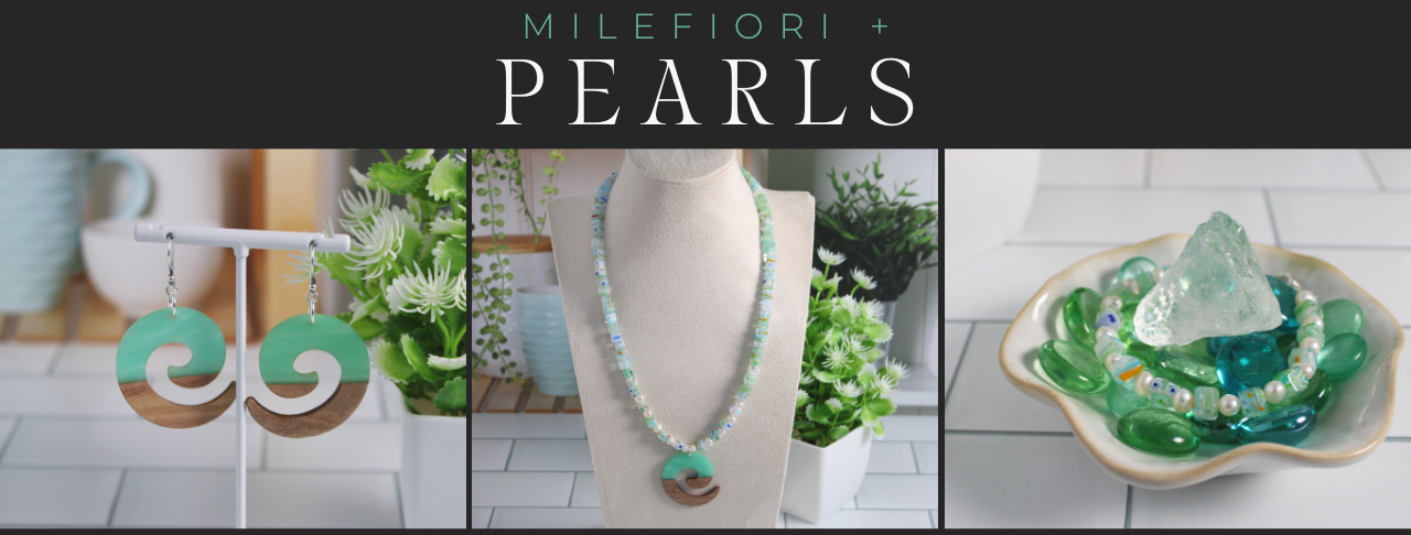 Millefiori and pearls handmade necklace bracelet and earrings